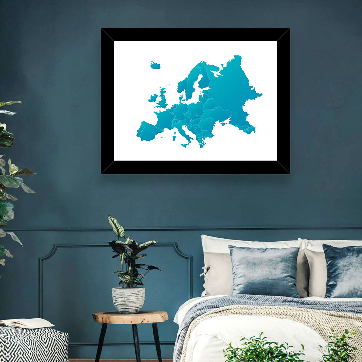 Teal Gradient Europe Map Wall Art in a room, landscape