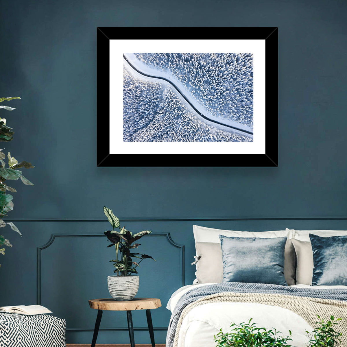 Winding Snowy Forest Road Wall Art in a room, landscape