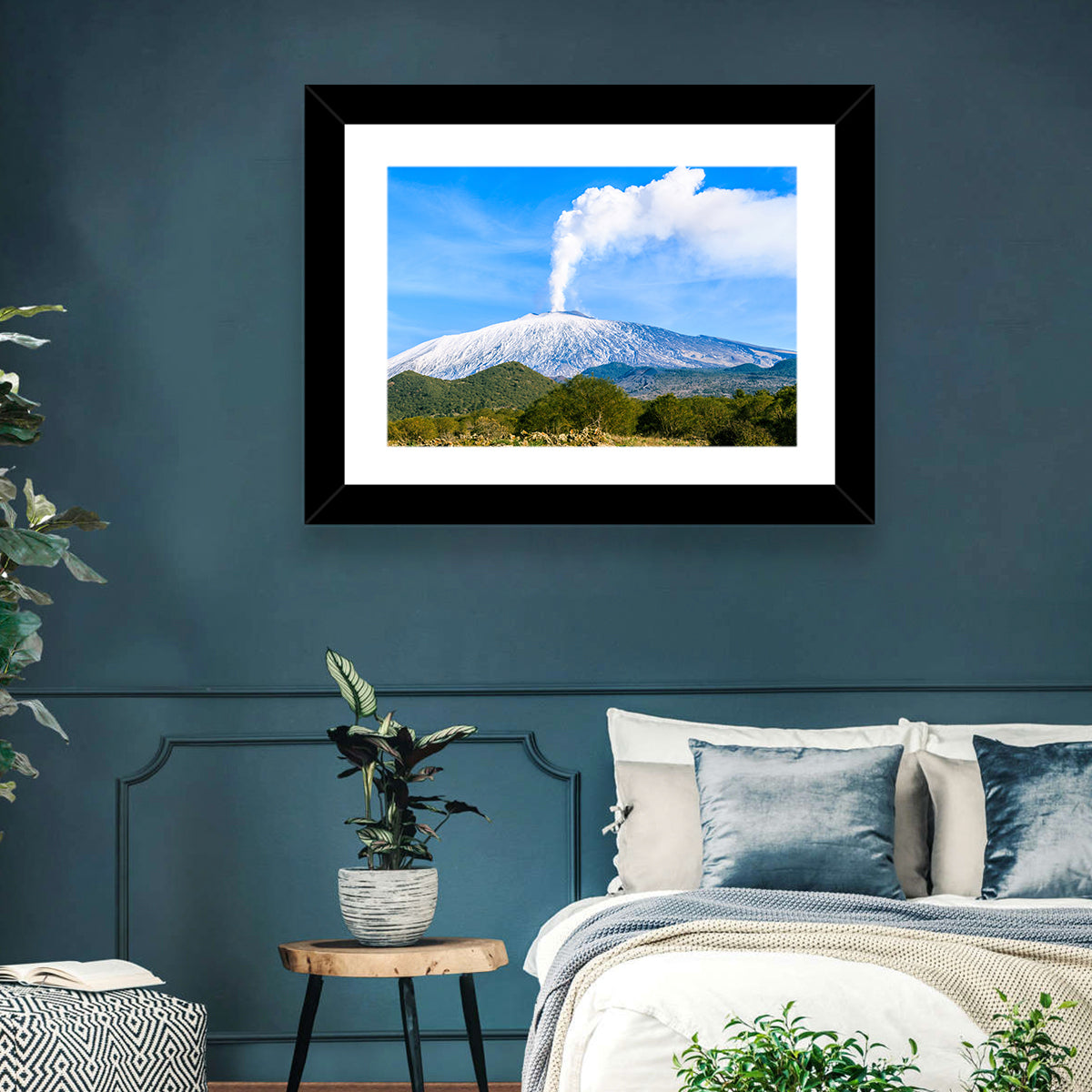 Snow-capped Mount Etna with Volcanic Plume Wall Art in a room, landscape
