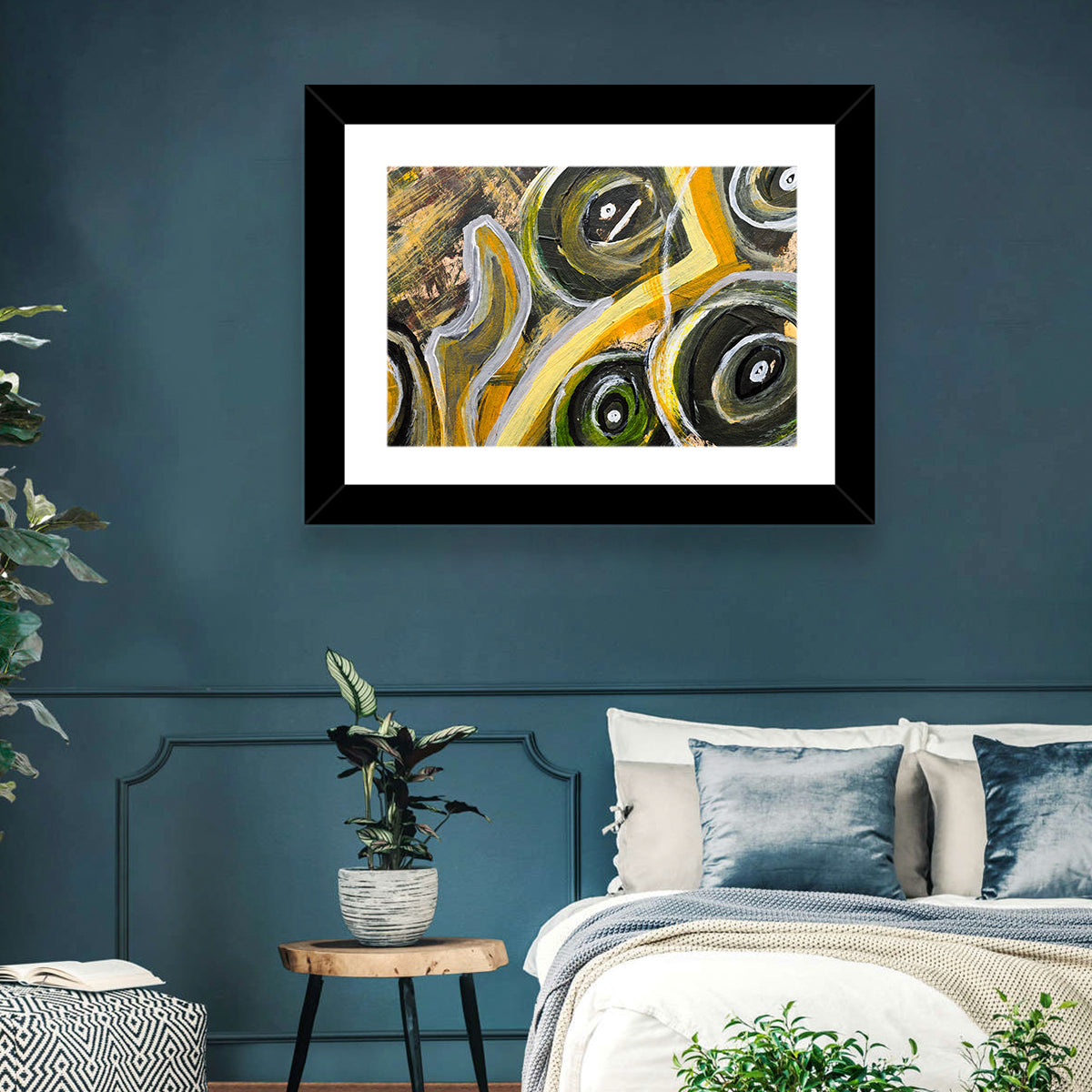 Impasto Swirl Circles in Yellow and Black Wall Art in a room, landscape