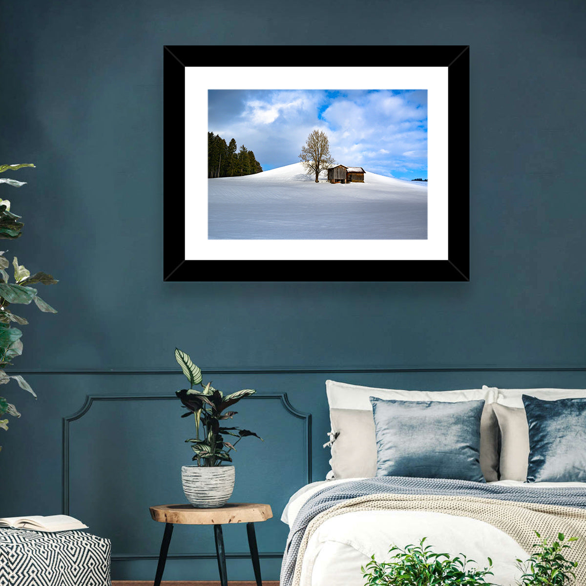 Rustic Barn on a Snowy Hill Wall Art in a room, landscape