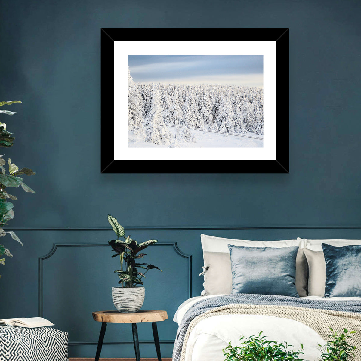 Snowy Forest Railway Tracks Wall Art in a room, landscape