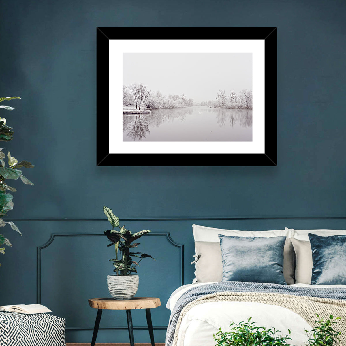 Frozen River Reflection in Winter Fog Wall Art in a room, landscape