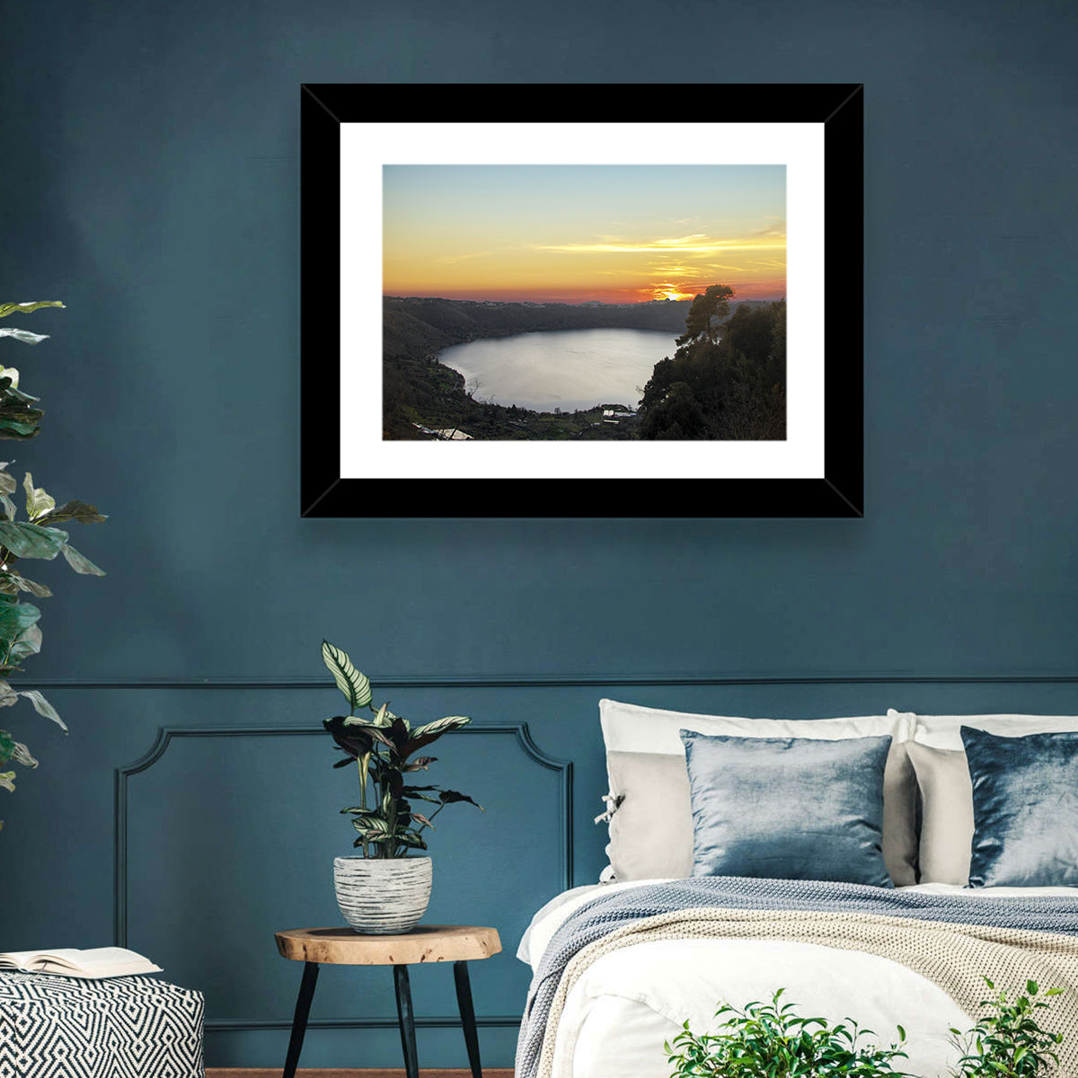 Lake Nemi Golden Sunset Wall Art in a room, landscape