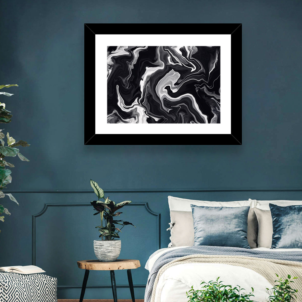 Flowing Black Marble Abstract Wall Art in a room, landscape