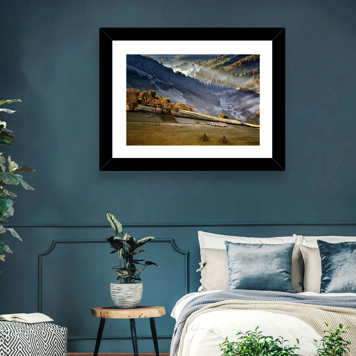 Mountain Village in Morning Mist Wall Art in a room, landscape