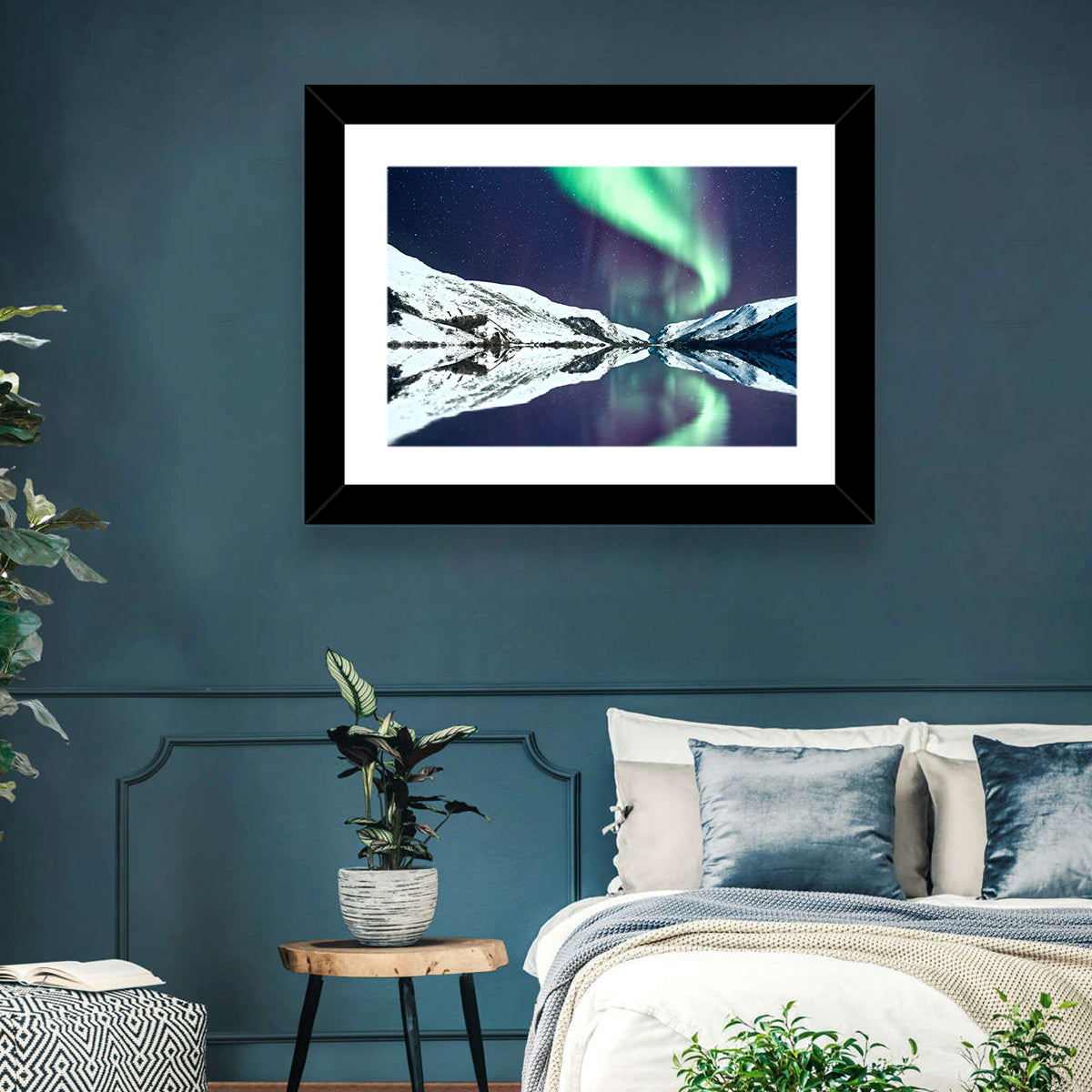 Emerald Aurora Over Mirror Lake Wall Art in a room, landscape
