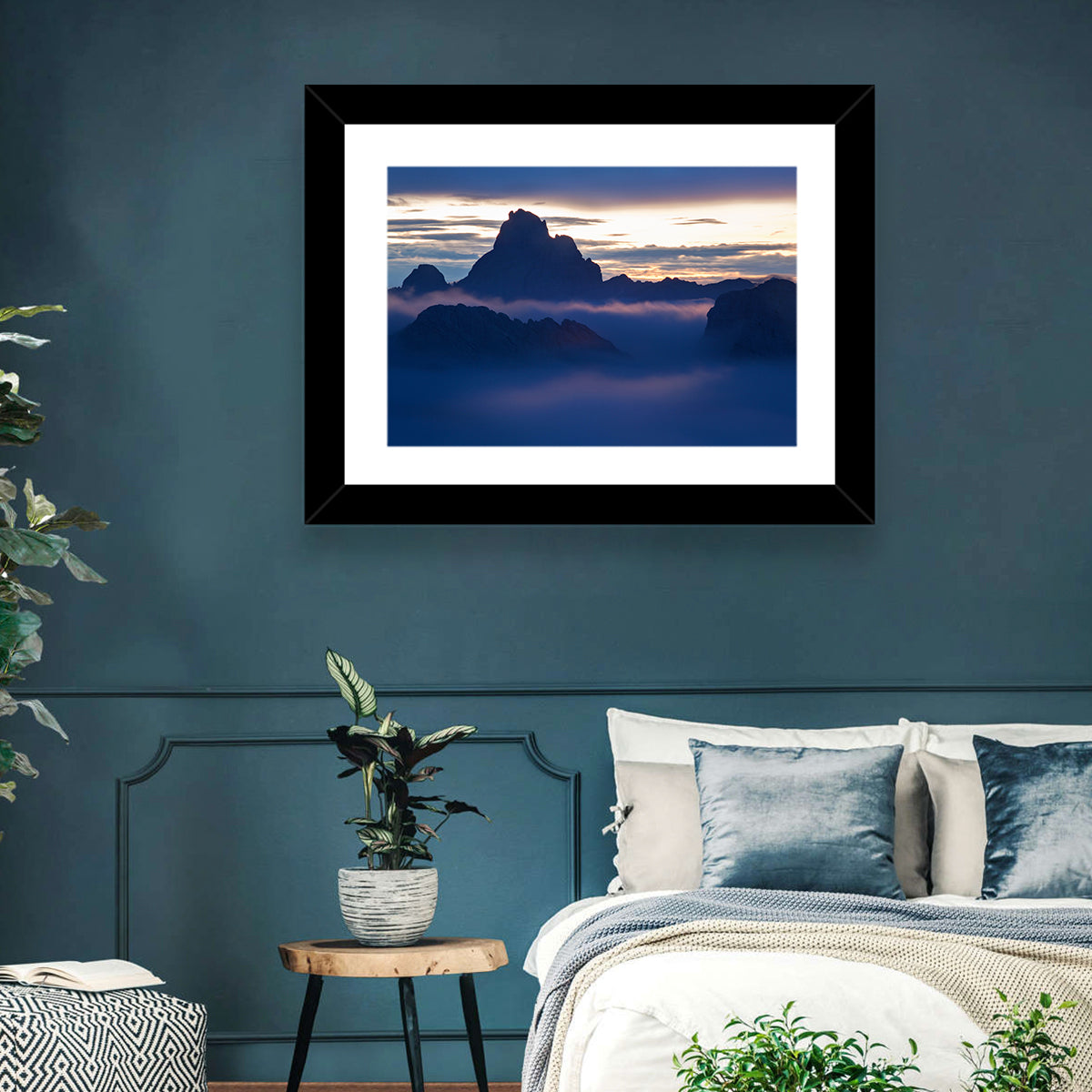 Dolomites Sunrise Silhouette Wall Art in a room, landscape