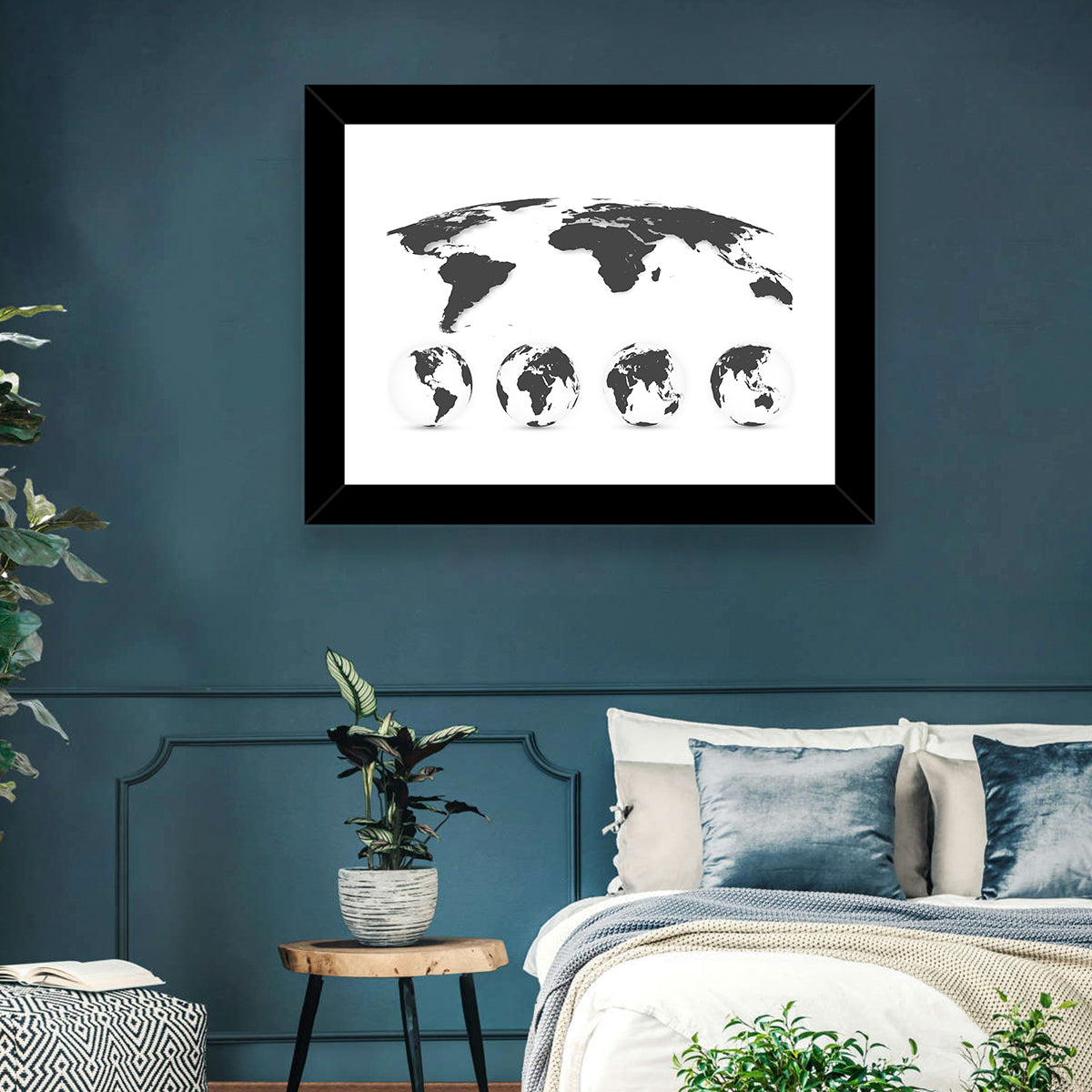 Stylized World Map and Globe Icons Wall Art in a room, landscape