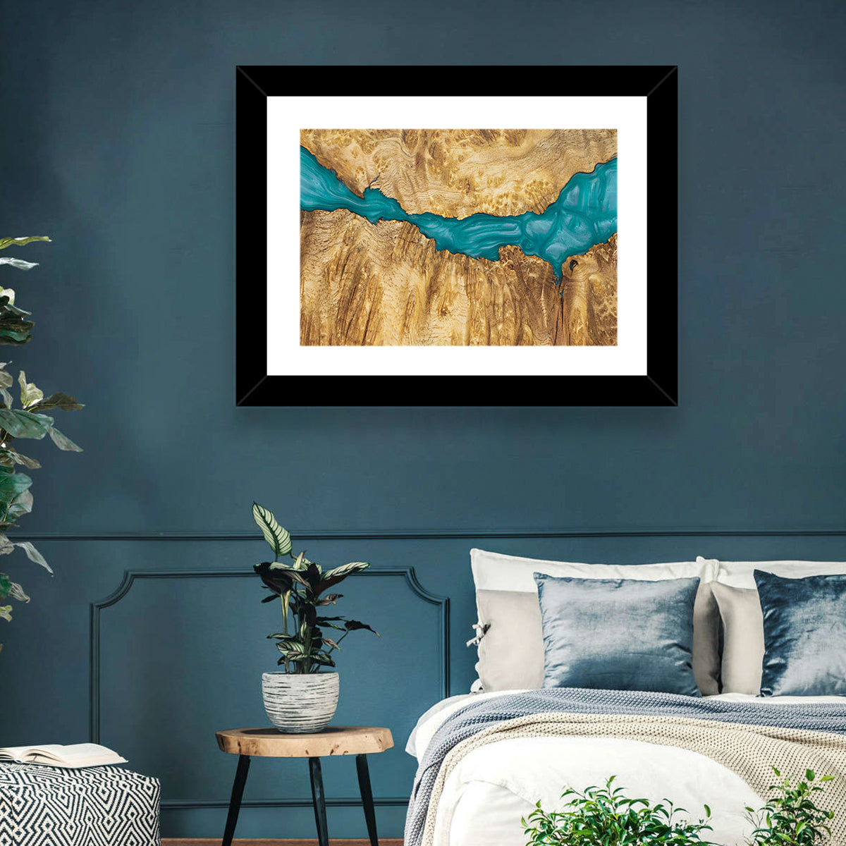 Burled Wood River with Teal Resin Wall Art in a room, landscape