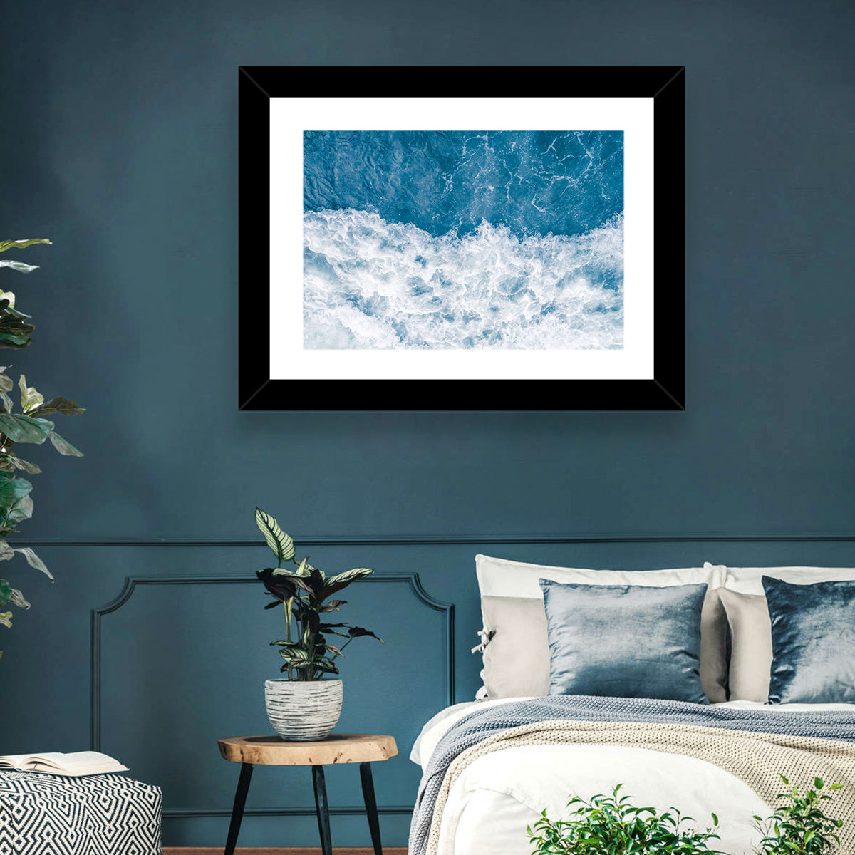 Stormy Blue Sea Wave Wall Art in a room, landscape