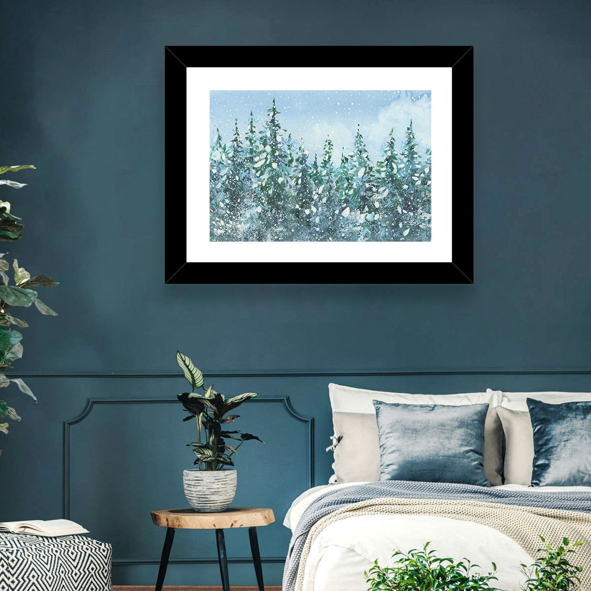 Snowy Spruce Forest Wall Art in a room, landscape