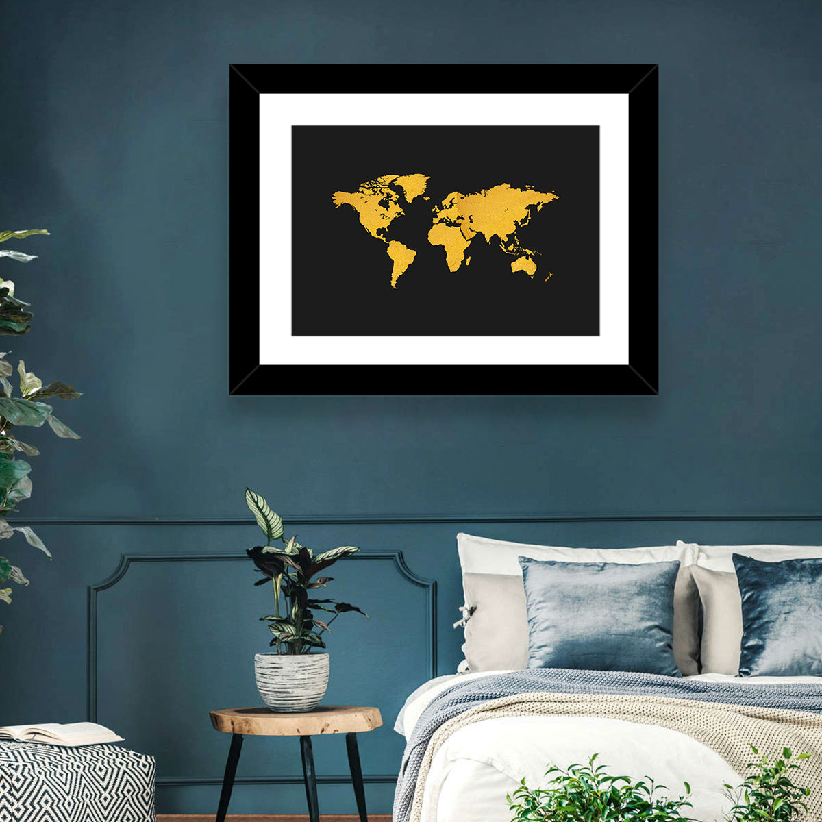 Gold Texture World Map Wall Art in a room, landscape