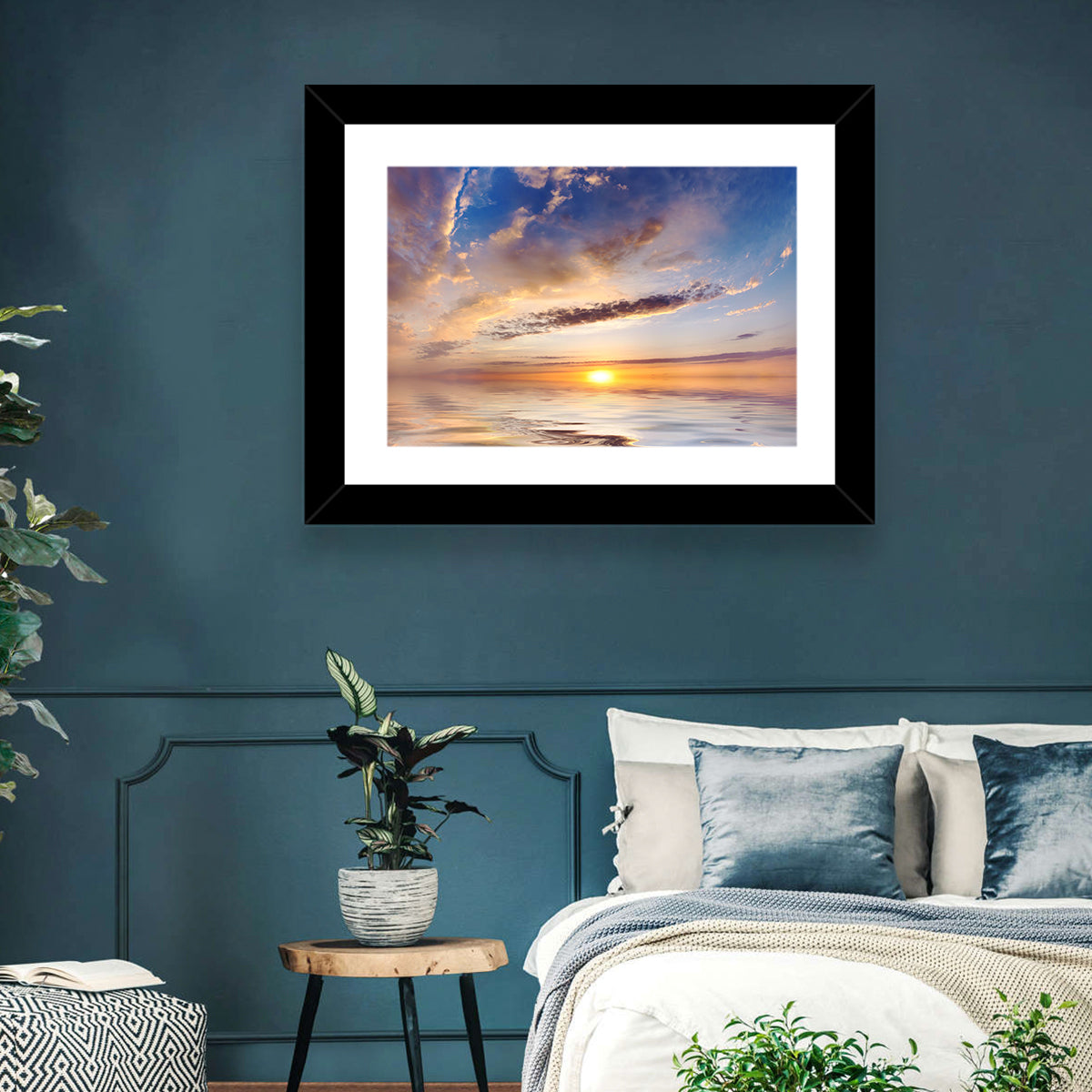 Sunlit Clouds Over Calm Sea Wall Art in a room, landscape