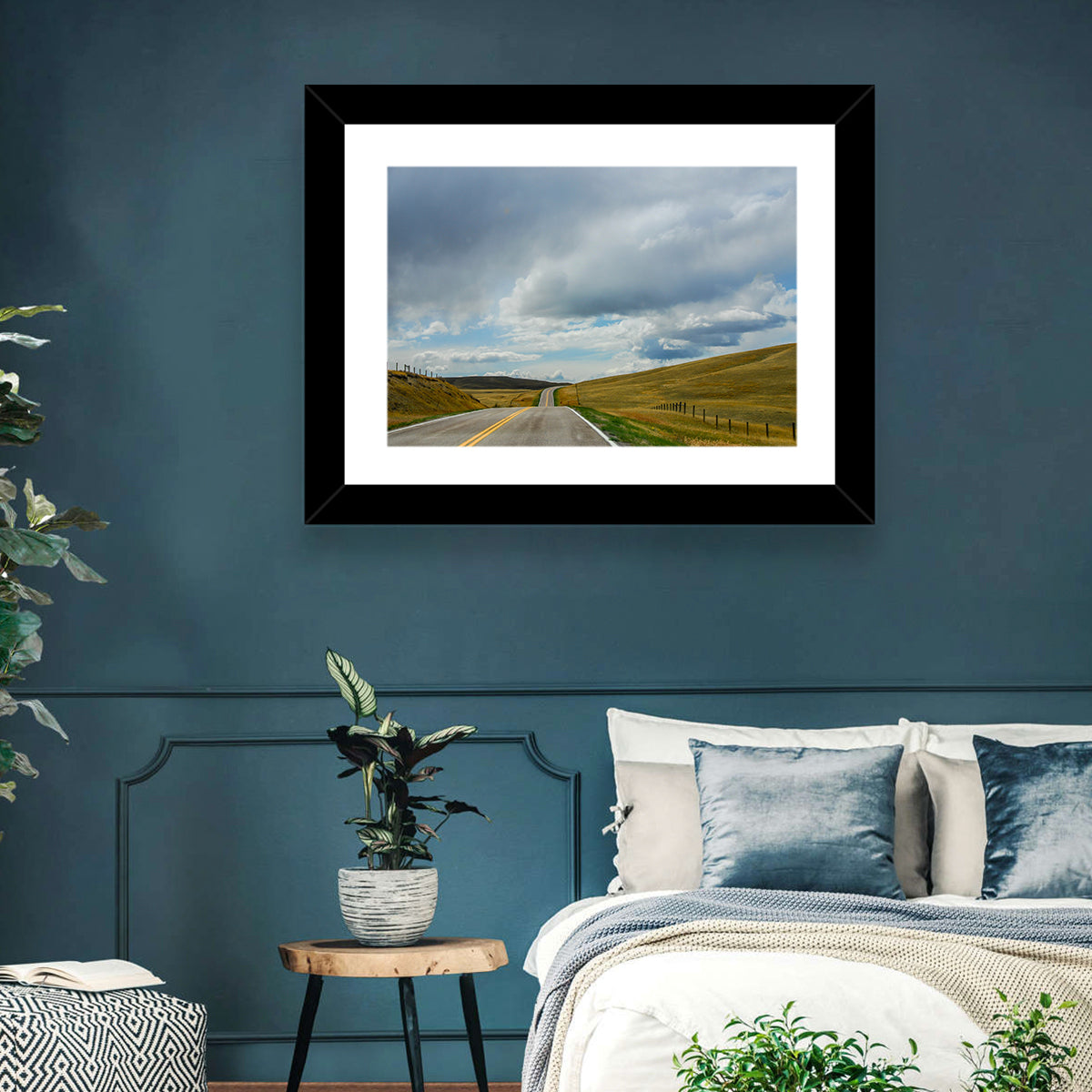 Montana Road Through Golden Hills Wall Art in a room, landscape