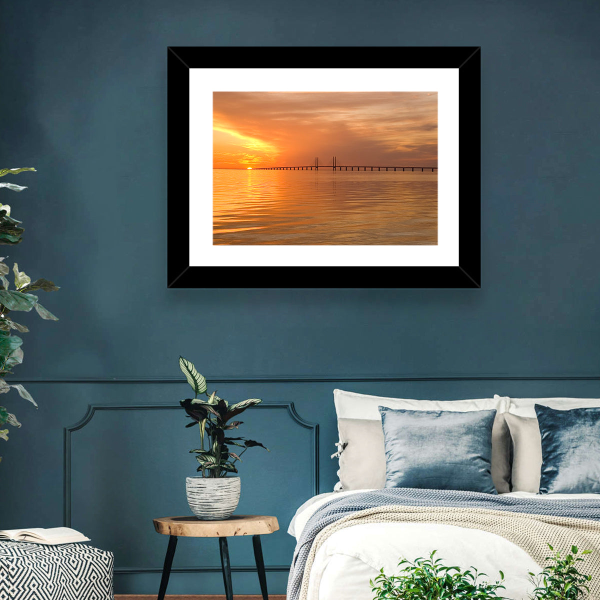 Øresund Bridge in Golden Light Wall Art in a room, landscape