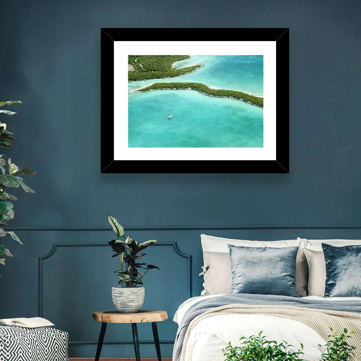 Turquoise Bahamas Islands Wall Art in a room, landscape