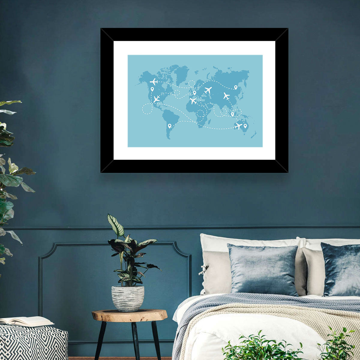 World Flight Routes Map Wall Art in a room, landscape