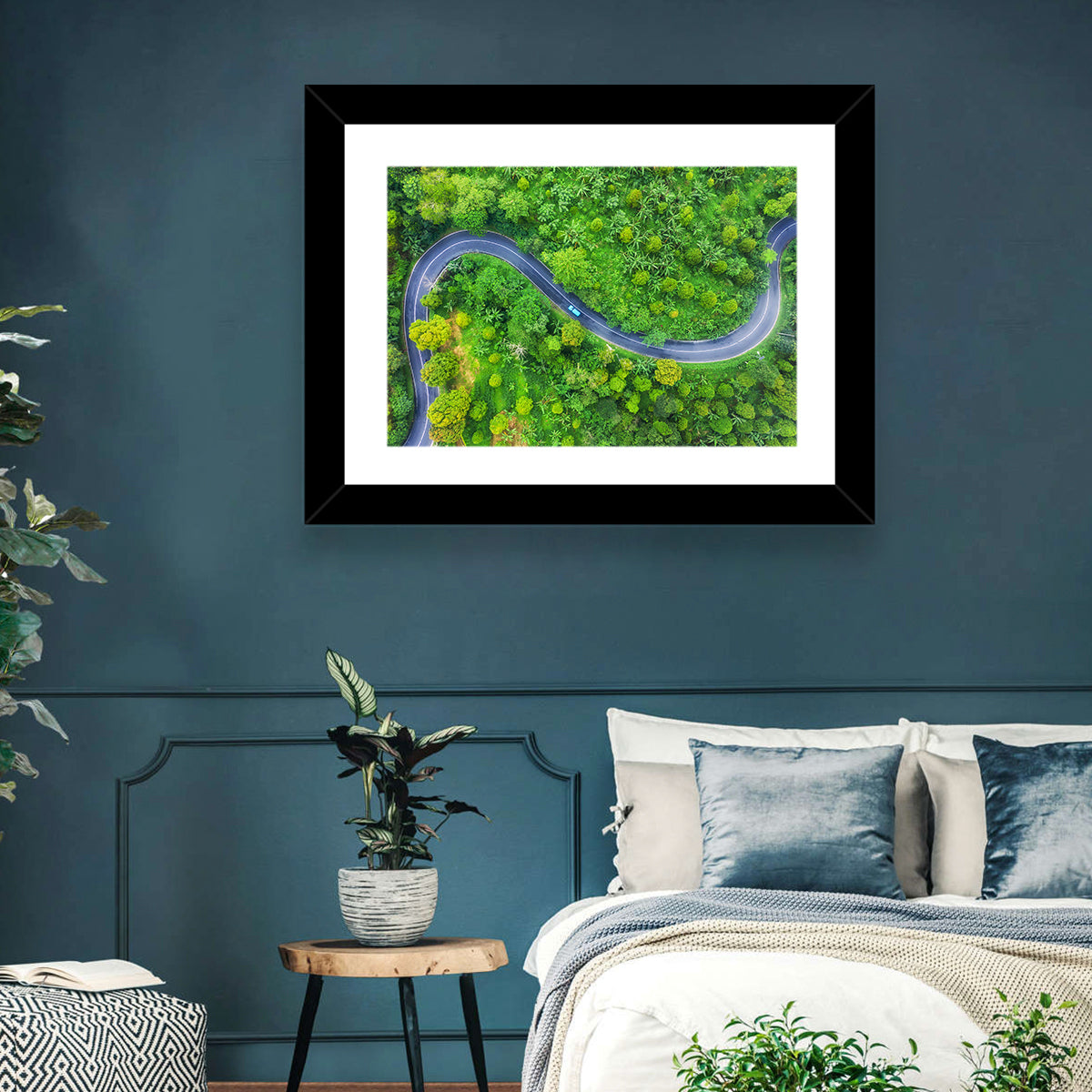 Blue Car on Summer Forest Road Wall Art in a room, landscape