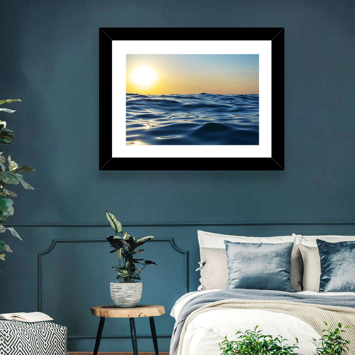 Sunset Over Calm Waves Wall Art in a room, landscape