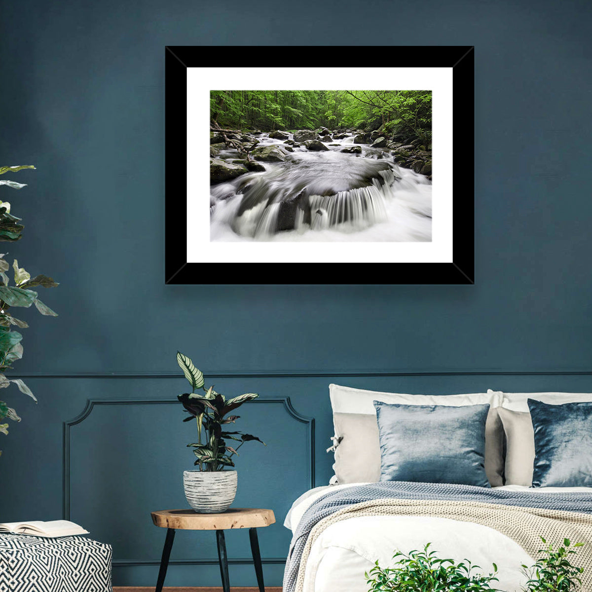 Smoky Mountains Cascading Stream Wall Art in a room, landscape