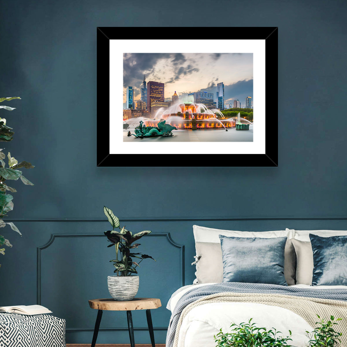 Buckingham Fountain and Chicago Skyline Wall Art in a room, landscape
