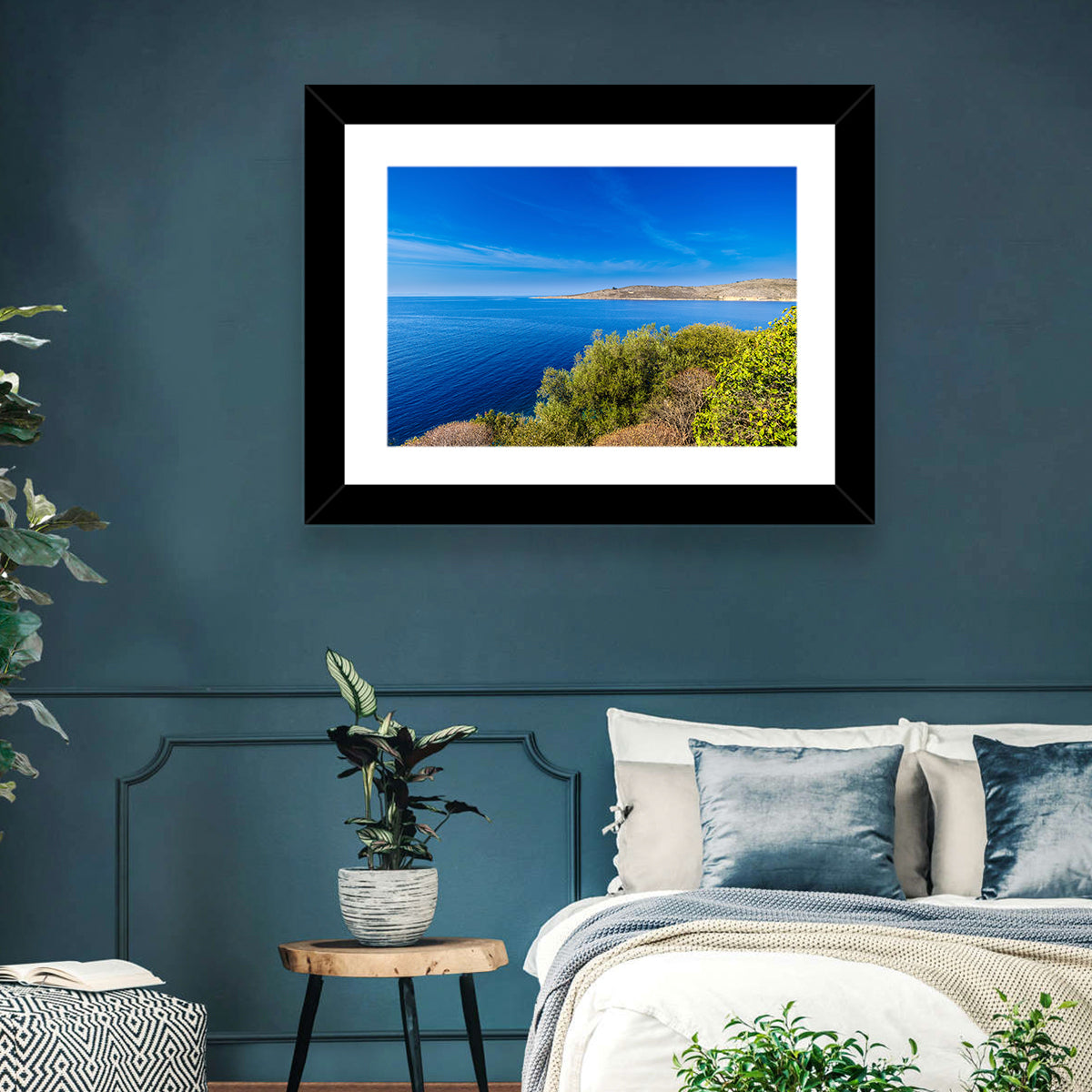 Sunlit Albanian Coastline Wall Art in a room, landscape