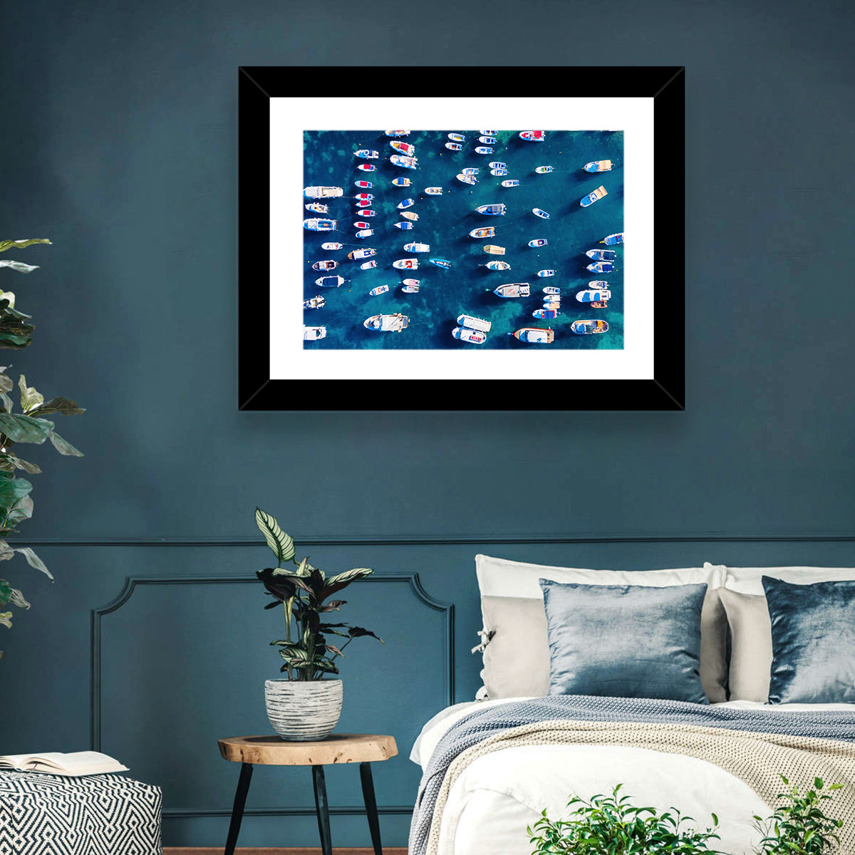 Aerial Boats Over Turquoise Sea Wall Art in a room, landscape