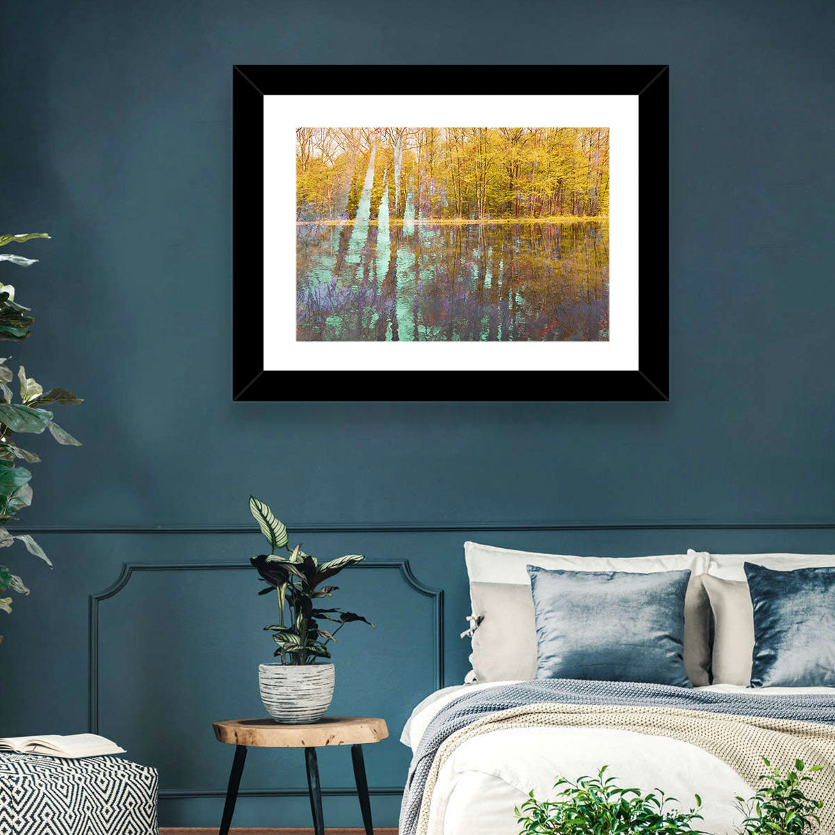 Autumn River Reflection Wall Art in a room, landscape