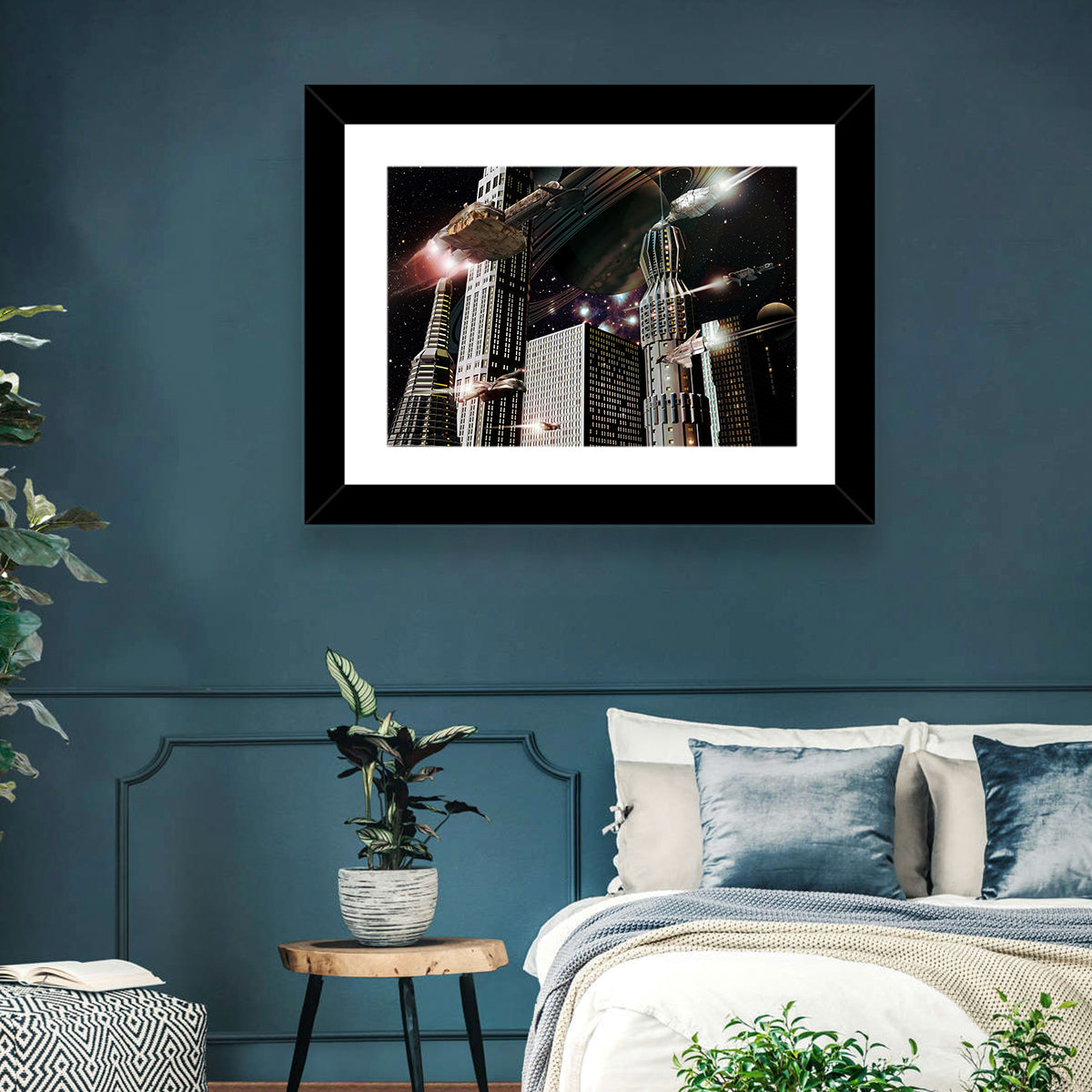 Ringed Planet Cityscape Wall Art in a room, landscape
