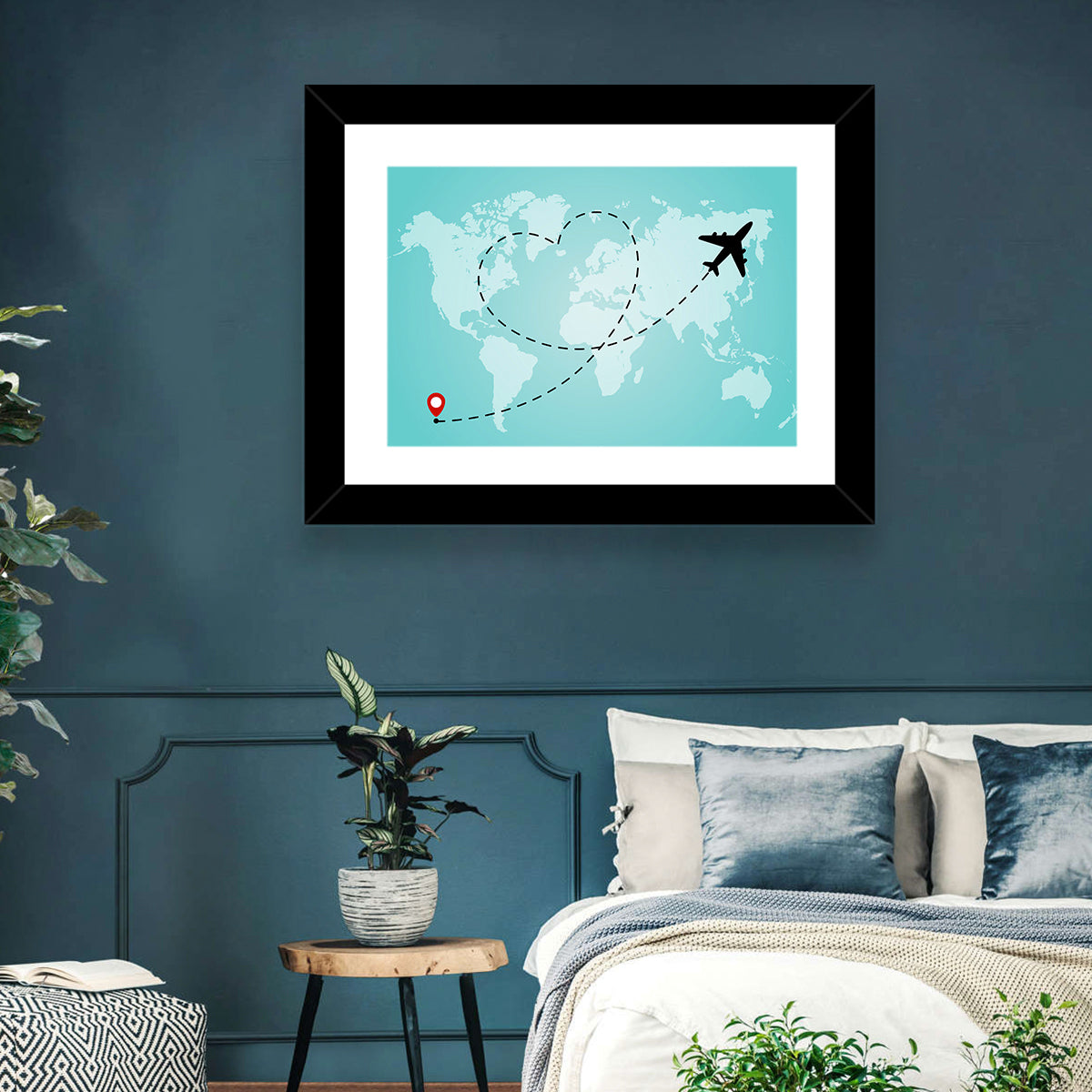 Heart Flight Map Wall Art in a room, landscape