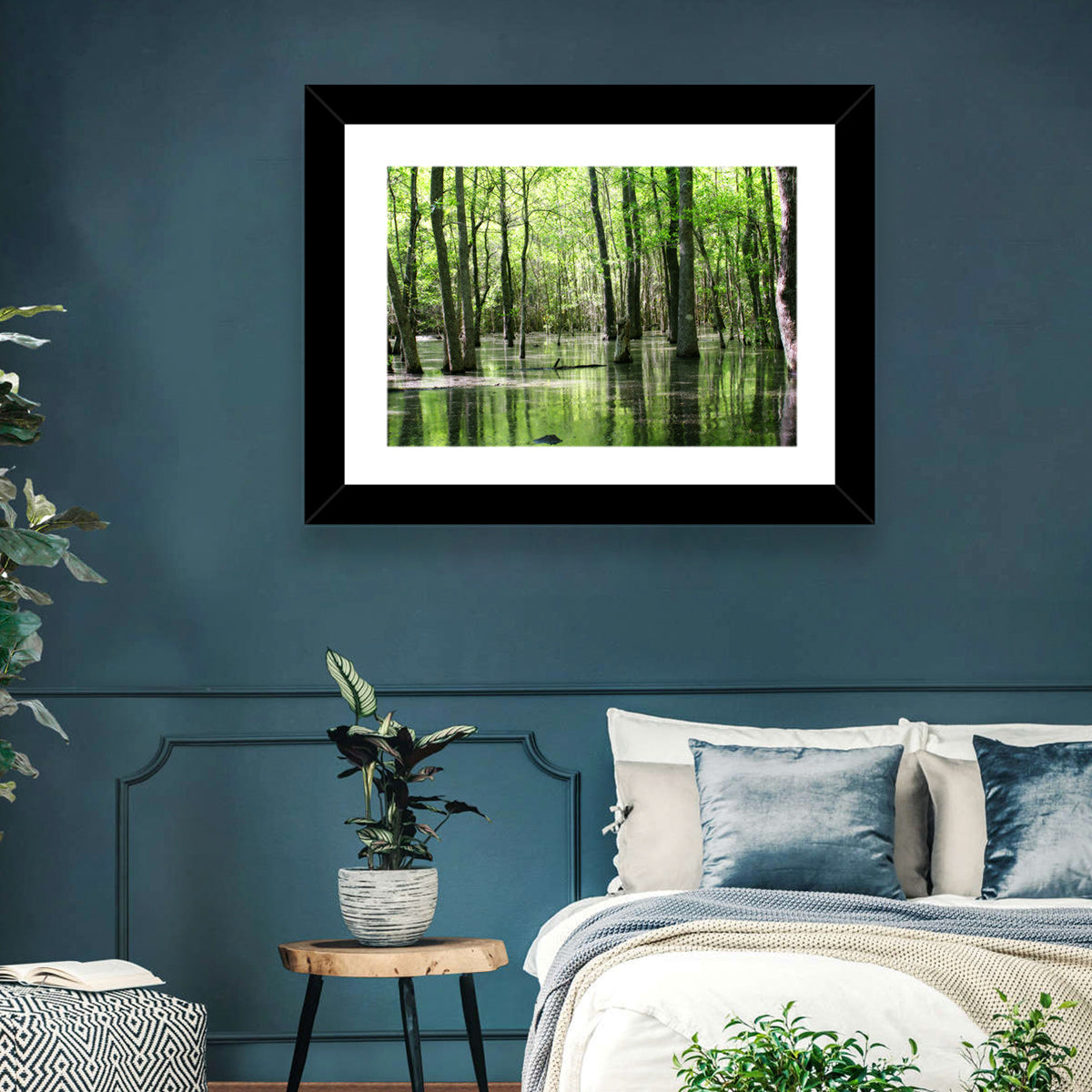 Sunlit Swamp Forest Wall Art in a room, landscape