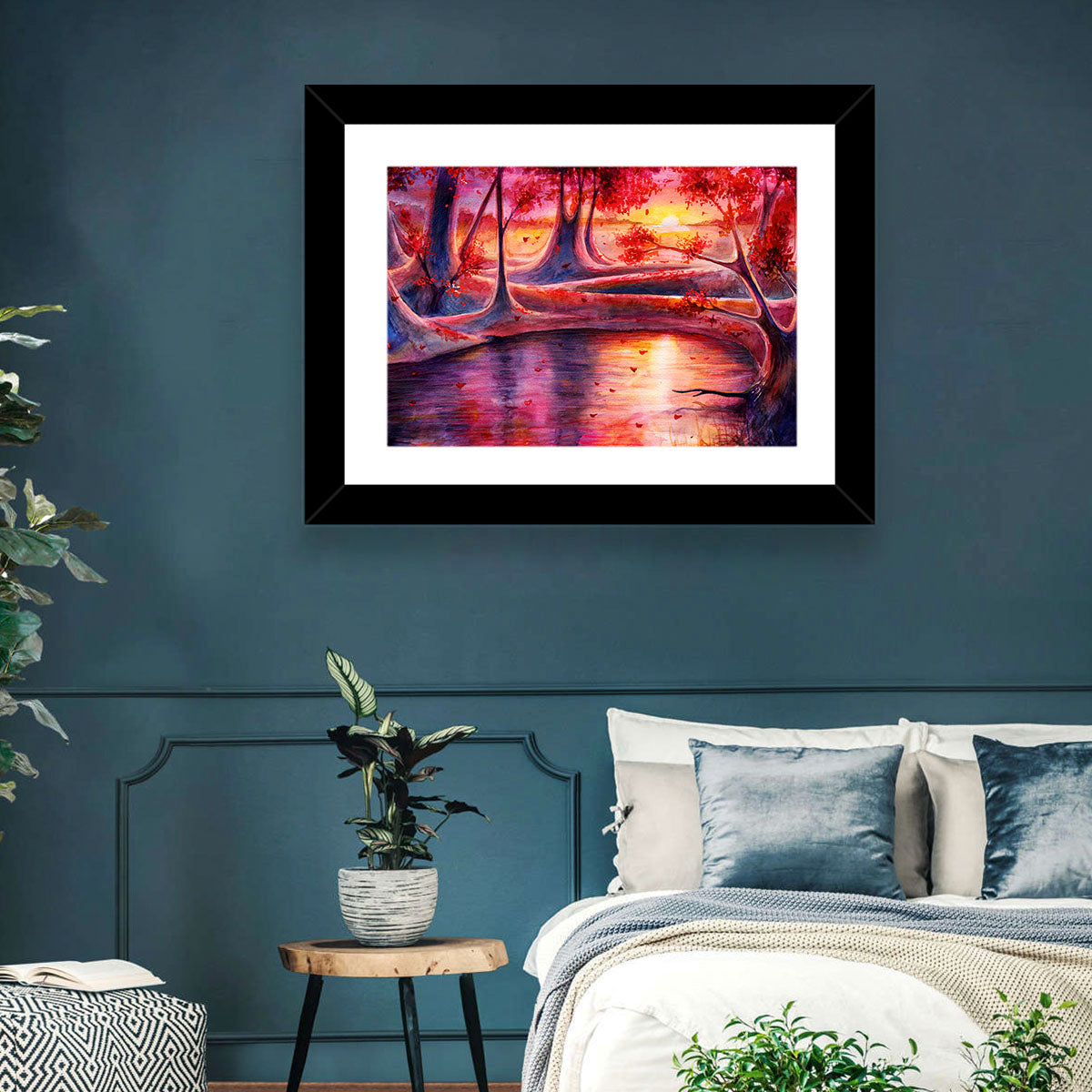 Autumn Forest Lake at Dusk Wall Art in a room, landscape