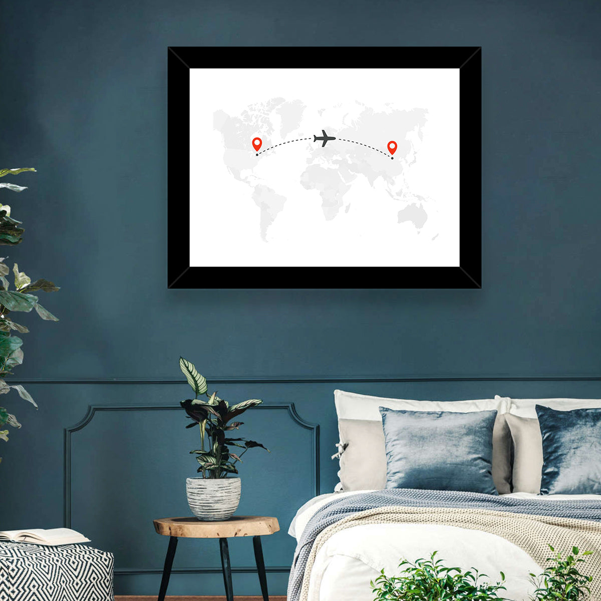 Air Travel World Map Wall Art in a room, landscape