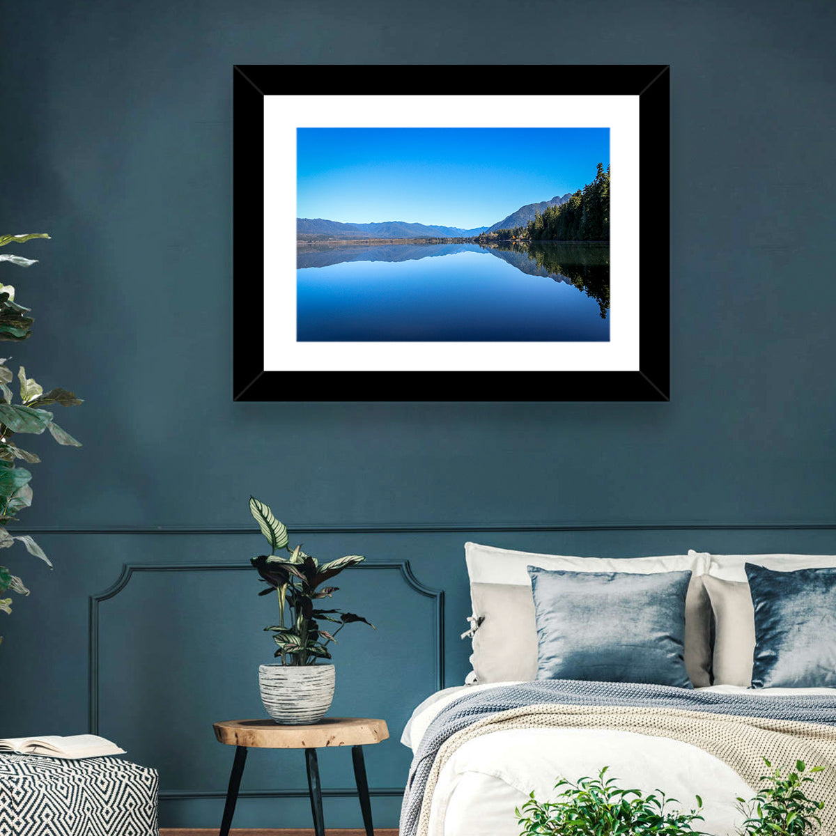 Lake Quinault Reflection Wall Art in a room, landscape