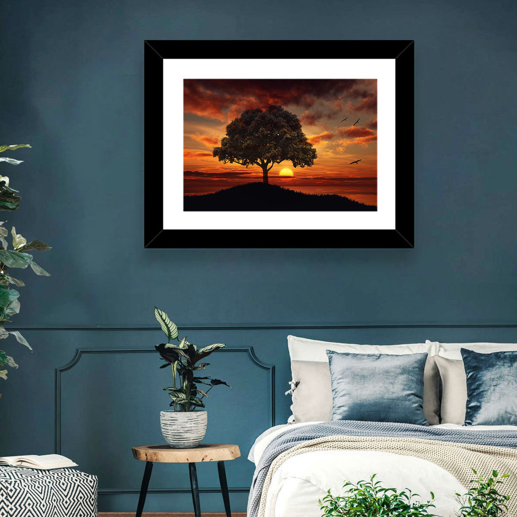 Lone Tree at Sunset with Birds Wall Art