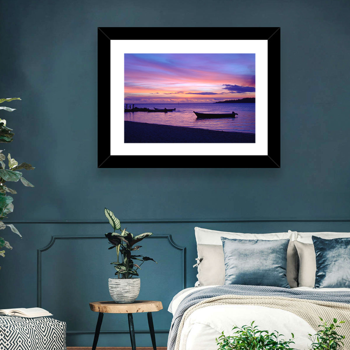 Malolo Island Sunset with Moored Boats Wall Art in a room, landscape