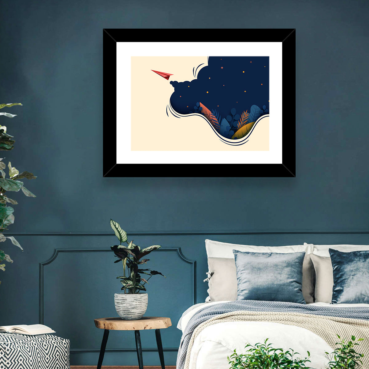 Paper Airplane in Flight Wall Art in a room, landscape