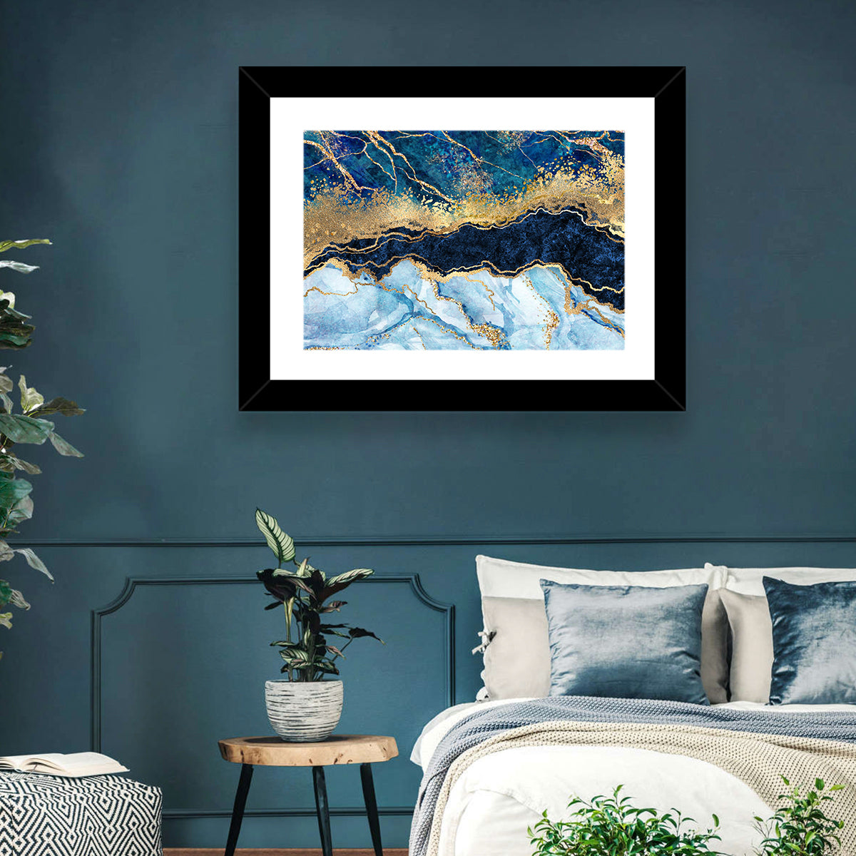 Navy Blue Marble with Gold Veins Wall Art in a room, landscape