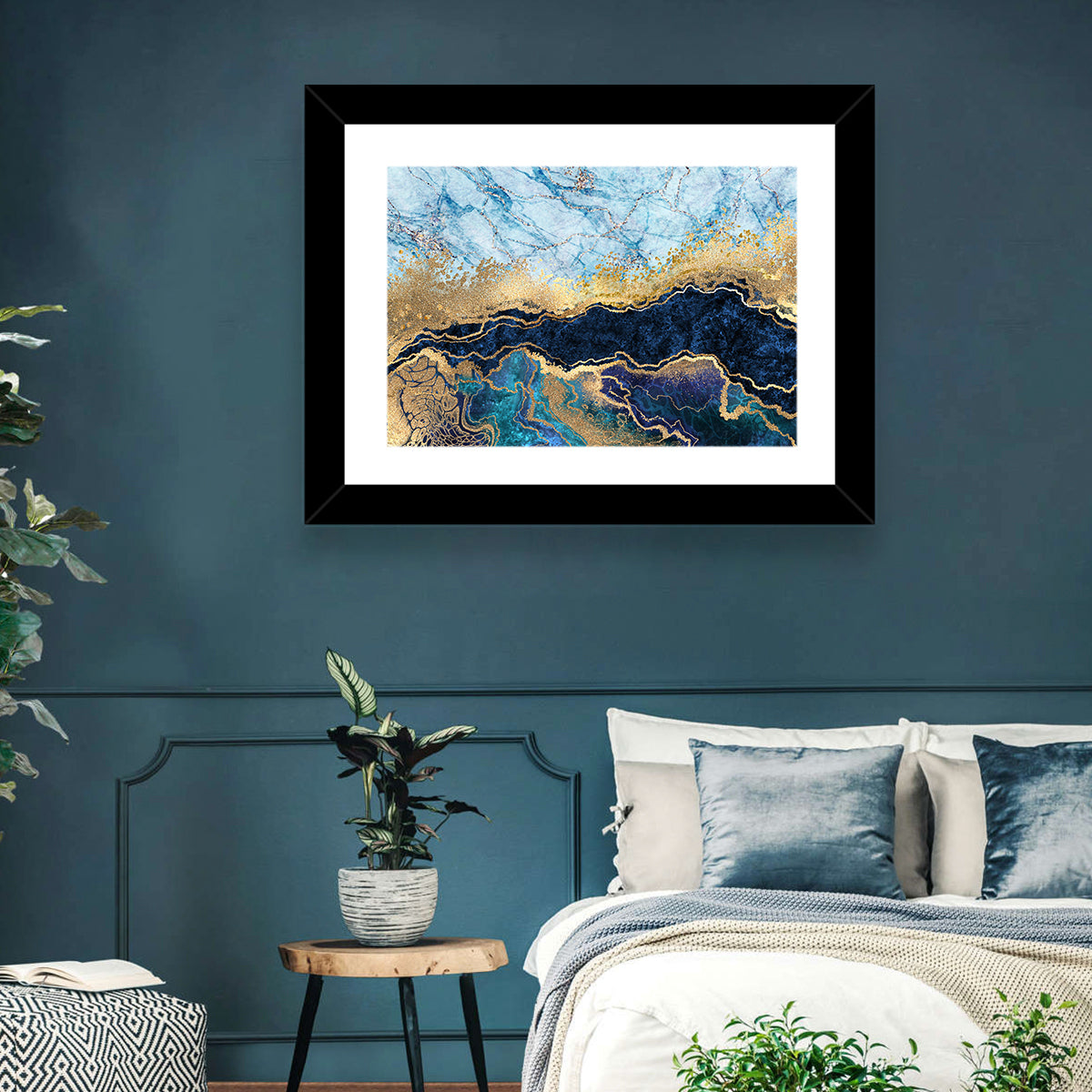 Blue Marble with Gold Veins Wall Art in a room, landscape