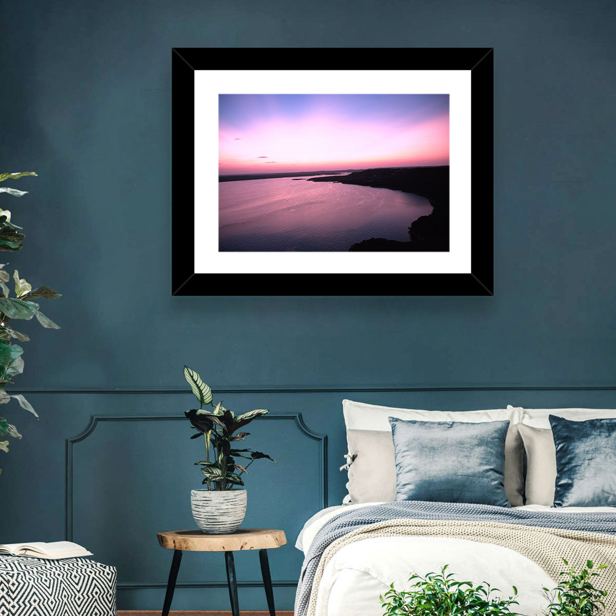Lake Travis Purple Sunset Wall Art in a room, landscape