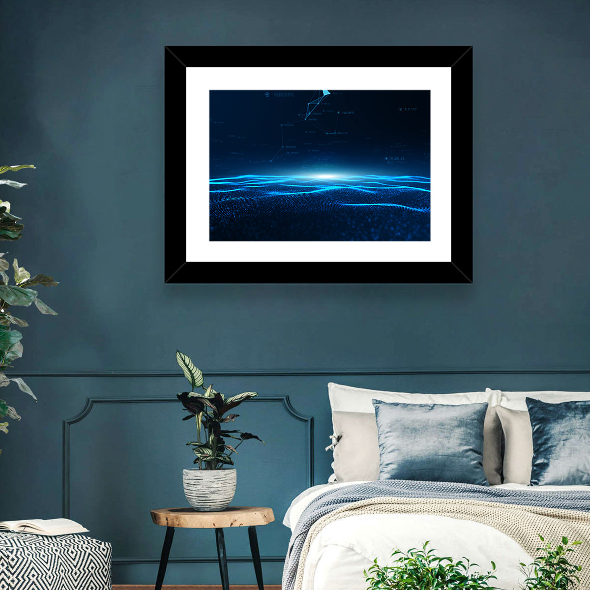 Digital Data Waves Wall Art in a room, landscape