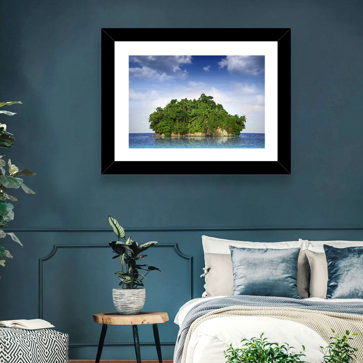 Tranquil Tropical Island Reflection Wall Art in a room, landscape
