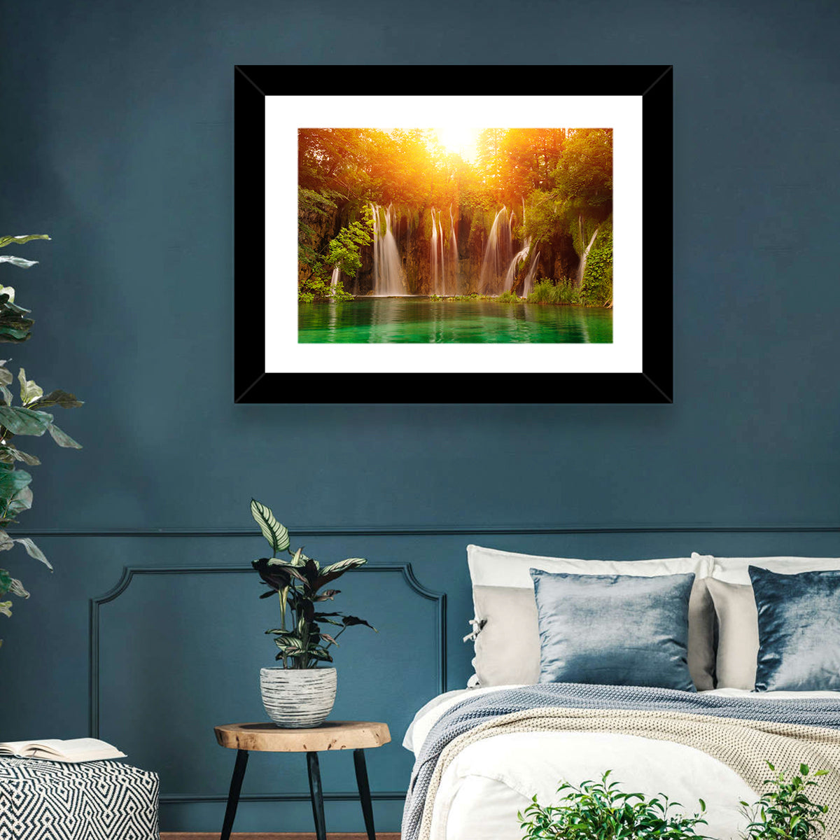 Plitvice Lakes Waterfalls Wall Art in a room, landscape