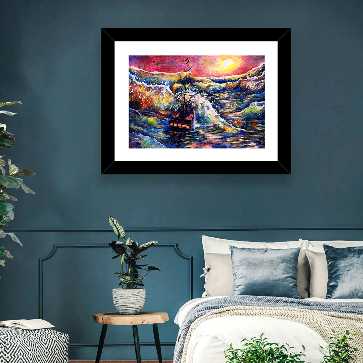 Stormy Sunset Sailing Ship Wall Art in a room, landscape
