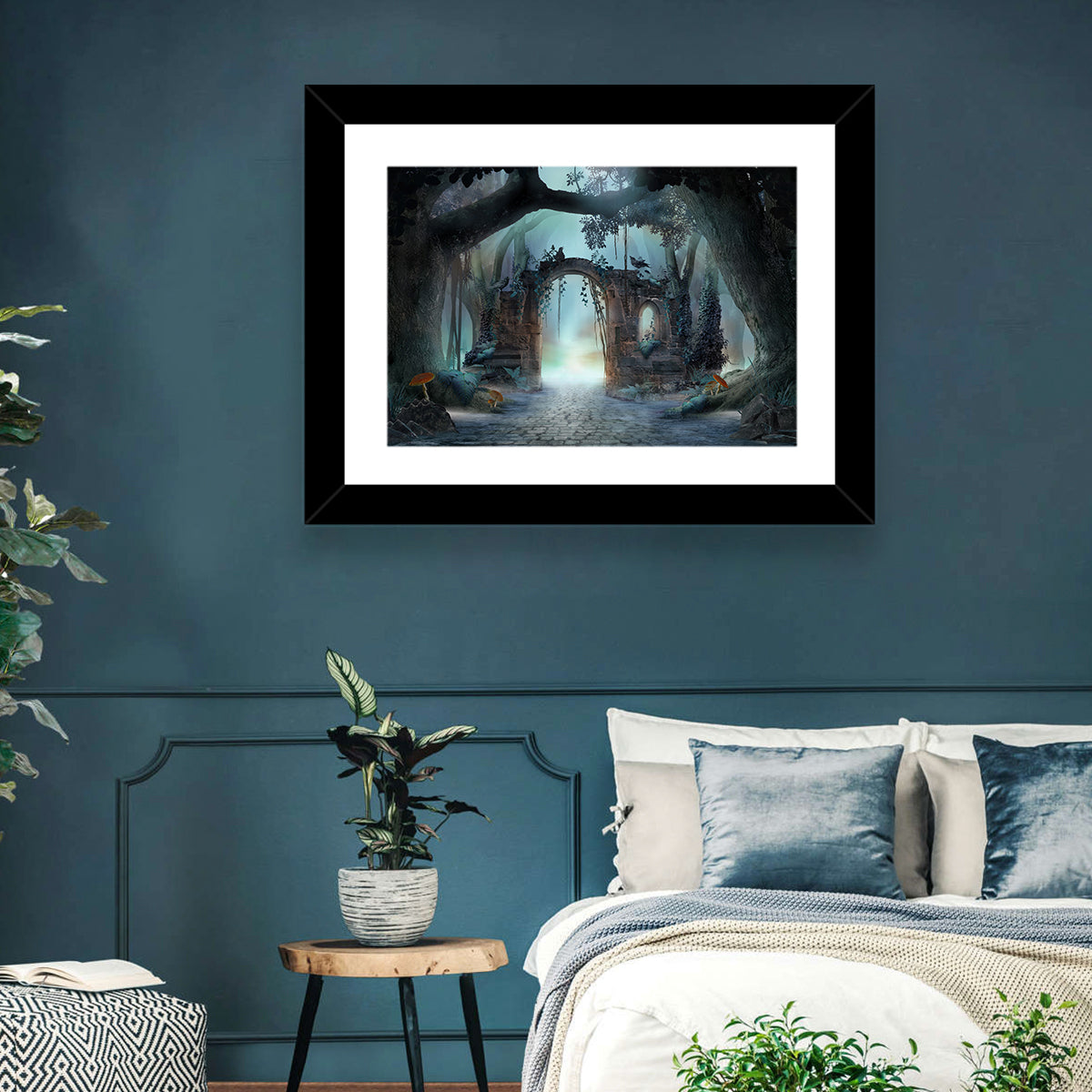 Enchanted Foggy Forest Wall Art in a room, landscape