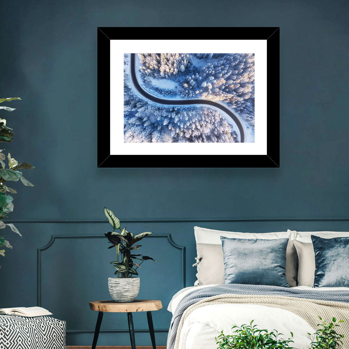 Snowy Forest Road at Golden Hour Wall Art in a room, landscape