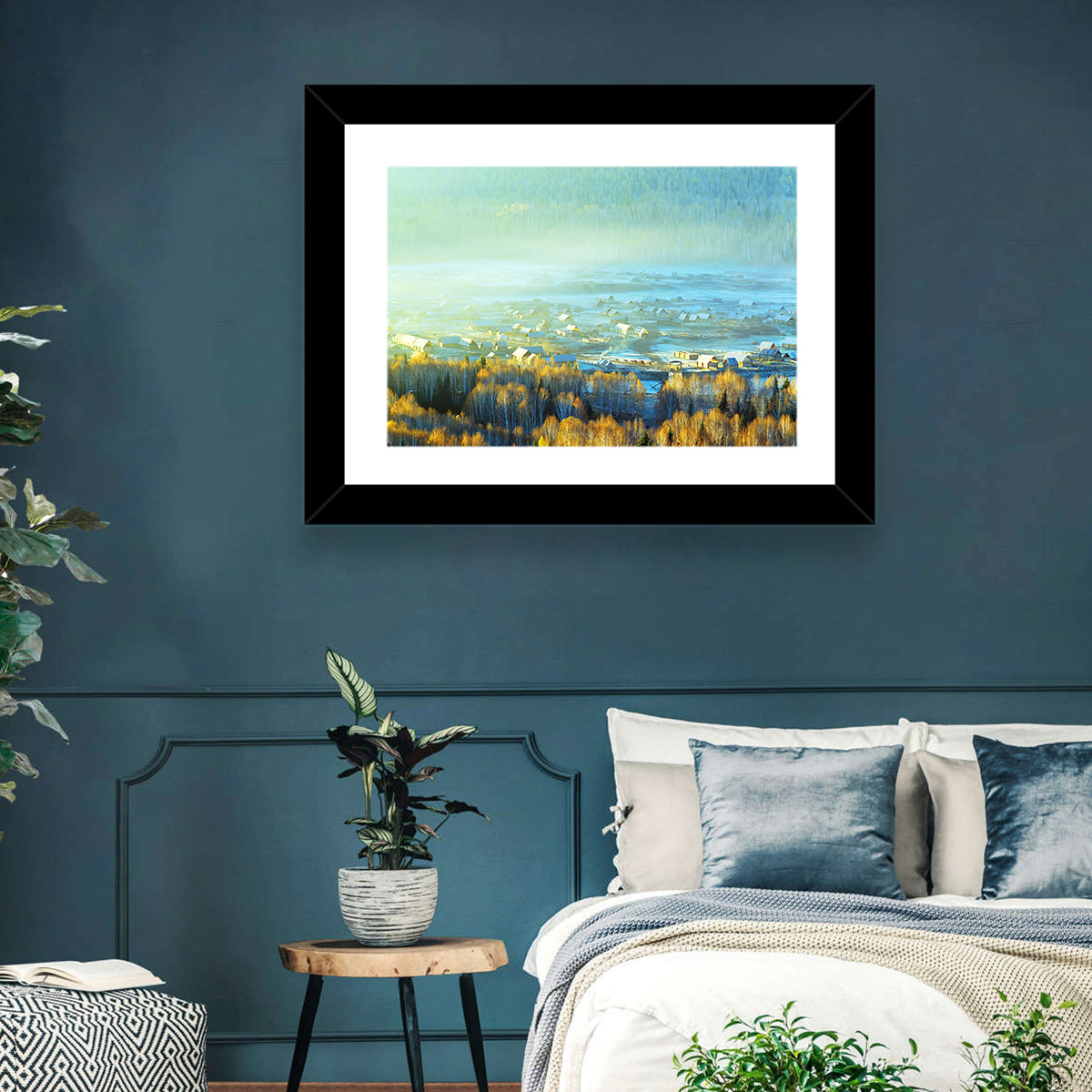 Misty Xinjiang Village Wall Art in a room, landscape