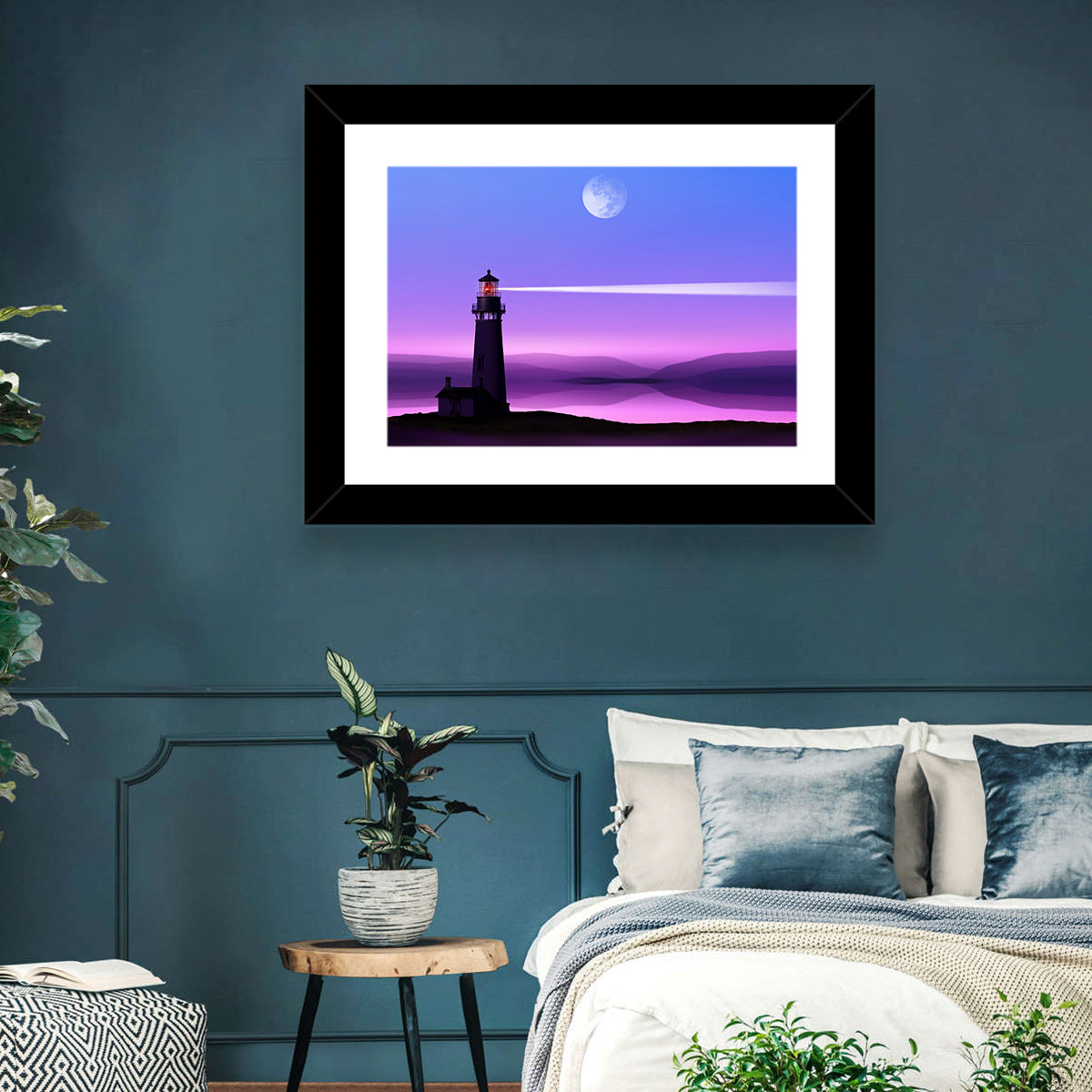 Moonlit Lighthouse Reflection Wall Art in a room, landscape