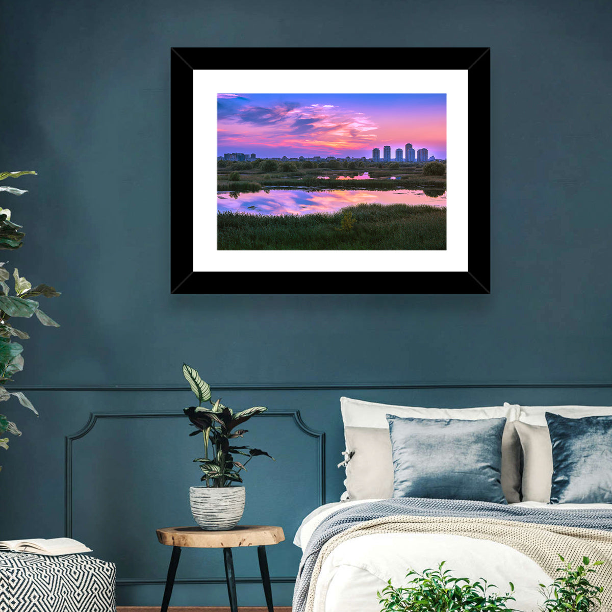 Vacaresti Park Sunset Reflection Wall Art in a room, landscape